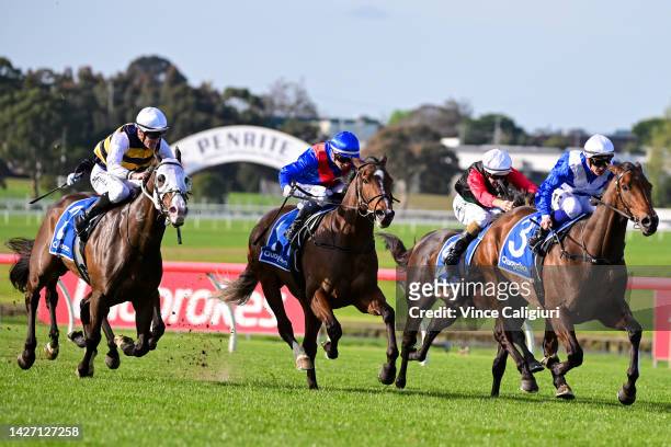 Tim Clark riding Alligator Blood winning Race 7, the Quayclean Underwood Stakes, during Melbourne Racing at Sandown Hillside on September 25, 2022 in...