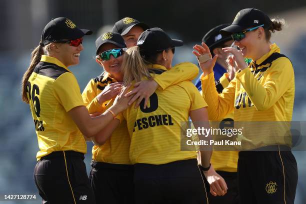 Team mates get around Taneale Peschel of Western Australia after running out Matilda Lugg of the ACT Meteors during the WNCL match between Western...