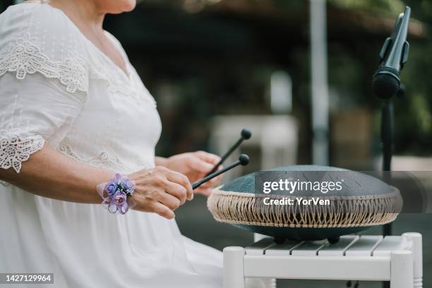 close up of hands of mid adult woman playing the handpan - african music stock pictures, royalty-free photos & images