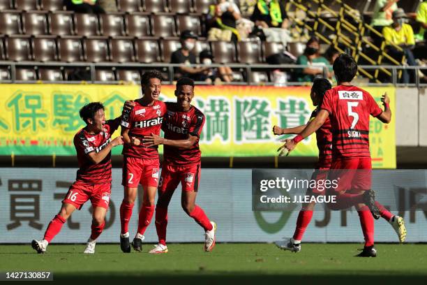 Kohei KUROKI of Roasso Kumamoto celebrates scoring his side's first goal with his team mates during the J.LEAGUE Meiji Yasuda J2 38th Sec. Match...