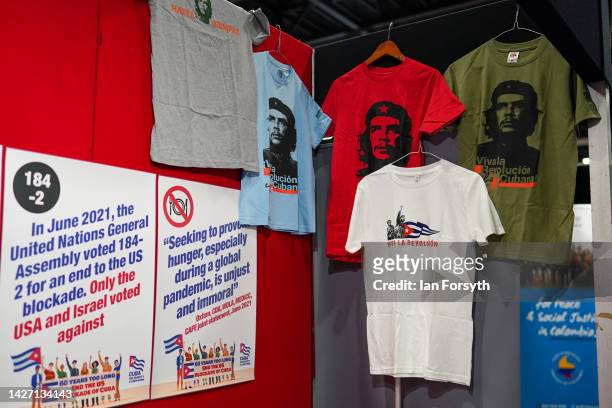 Merchandise is displayed at a trade stand on the first day of the Labour Party Conference in Liverpool on September 25, 2022 in Liverpool, England...