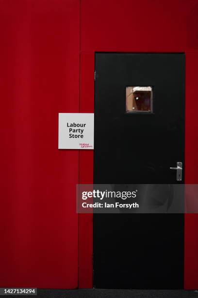 Sign is displayed outside a door in the main hall on the first day of the Labour Party Conference in Liverpool on September 25, 2022 in Liverpool,...