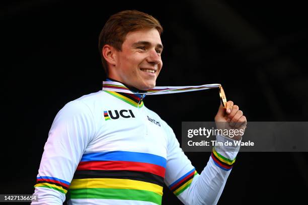Gold medalist Remco Evenepoel of Belgium celebrates winning during the medal ceremony after the 95th UCI Road World Championships 2022, Men Elite...