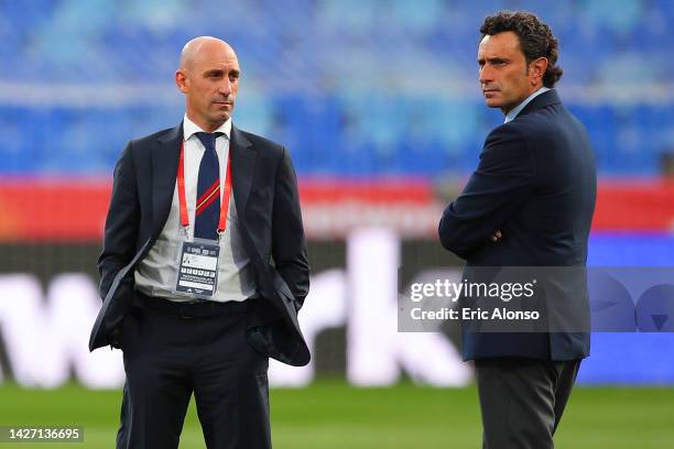 Luis Rubiales, President of the Royal Spanish Football Federation and Jose Francisco Molina, Sporting Director of Spanish Football looks on prior to...