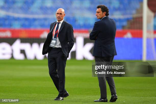 Luis Rubiales, President of the Royal Spanish Football Federation and Jose Francisco Molina, Sporting Director of Spanish Football looks on prior to...