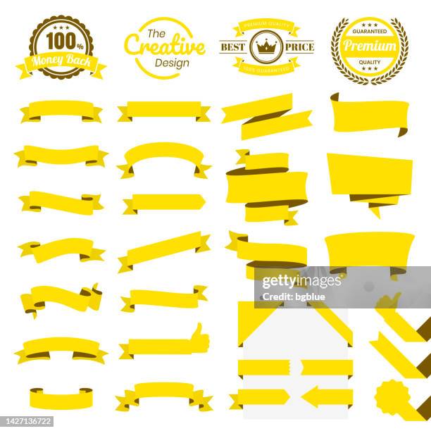 set of yellow ribbons, banners, badges, labels - design elements on white background - banner ads stock illustrations