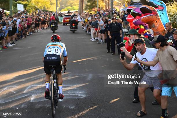 Remco Evenepoel of Belgium attacks in the final kilometres to win the 95th UCI Road World Championships 2022, Men Elite Road Race a 266,9km race from...