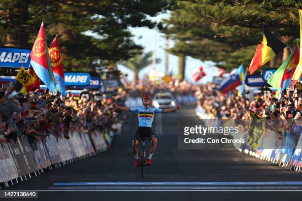 Remco Evenepoel of Belgium celebrates at finish line as race winner during the 95th UCI Road World Championships 2022, Men Elite Road Race a 266,9km...
