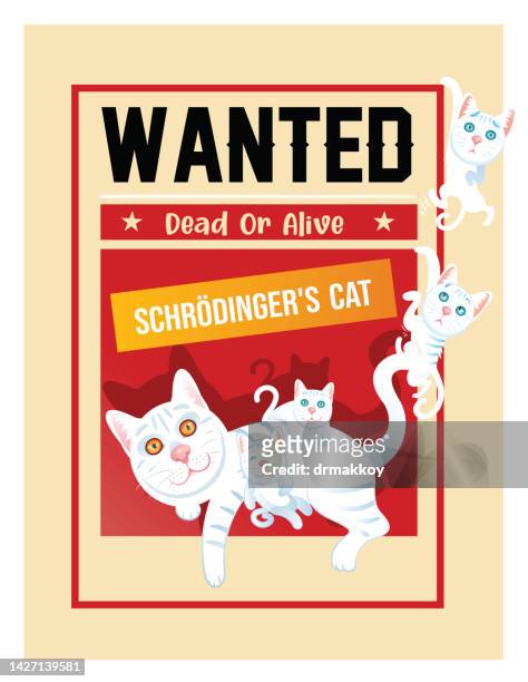 schrodinger's cat and dead or alive wanted poster - quantum physics stock illustrations