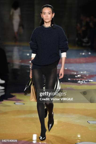 Model walks the runway during the Bottega Veneta Ready to Wear Spring/Summer 2023 fashion show as part of the Milan Fashion Week on September 24,...