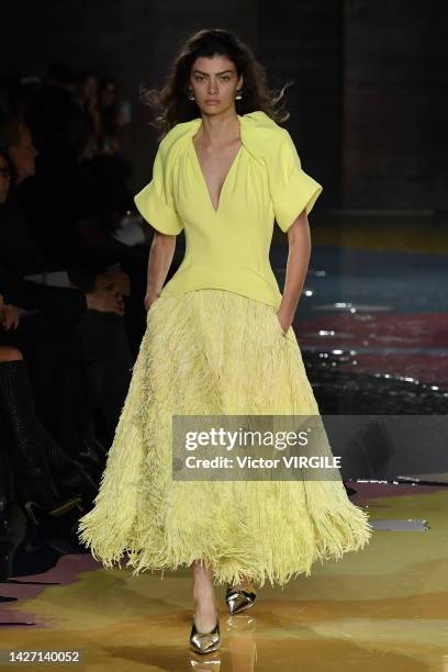 Model walks the runway during the Bottega Veneta Ready to Wear Spring/Summer 2023 fashion show as part of the Milan Fashion Week on September 24,...