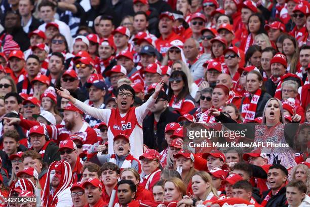 Swans supporters in the crowd show their frustration during the 2022 AFL Grand Final match between the Geelong Cats and the Sydney Swans at the...