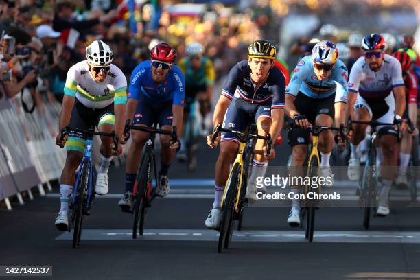Michael Matthews of Australia, Matteo Trentin of Italy, Christophe Laporte of France and Wout Van Aert of Belgium sprint at finish line during the...
