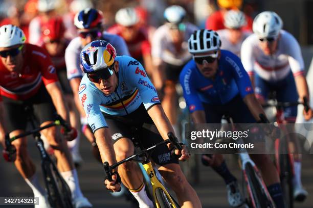 Wout Van Aert of Belgium crosses the finish line during the 95th UCI Road World Championships 2022, Men Elite Road Race a 266,9km race from...