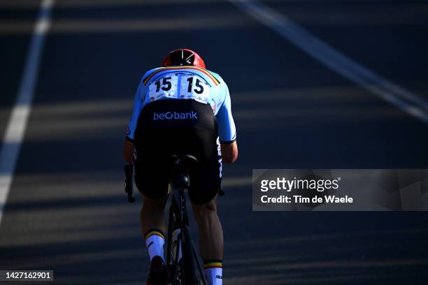 Remco Evenepoel of Belgium attacks to win the 95th UCI Road World Championships 2022, Men Elite Road Race a 266,9km race from Helensburgh to...