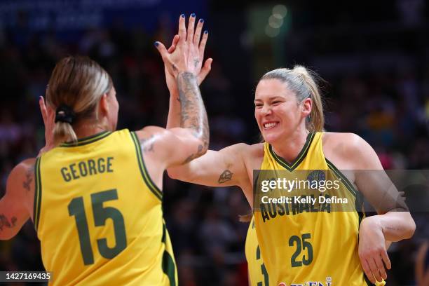 Lauren Jackson of Australia and Cayla George of Australia celebrate victory during the 2022 FIBA Women's Basketball World Cup Group B match between...