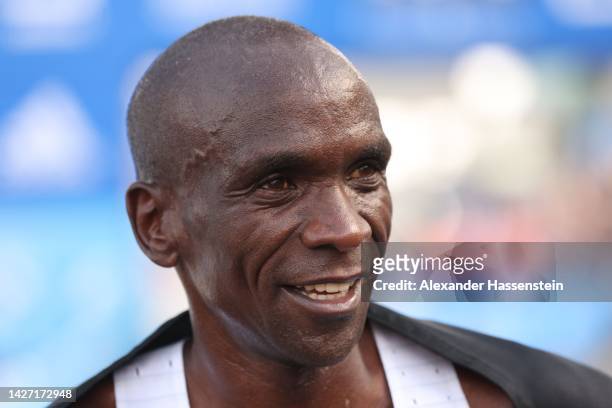 Eliud Kipchoge of Kenya celebrates winning the 2022 BMW Berlin-Marathon in a new Word Record Time of 2:01:09 h on September 25, 2022 in Berlin,...