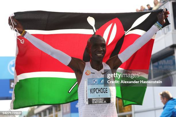 Eliud Kipchoge of Kenya celebrates winning the 2022 BMW Berlin-Marathon in a new World Record Time of 2:01:09 h on September 25, 2022 in Berlin,...