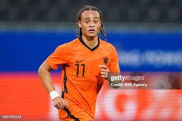 Xavi Simons of Netherlands U21 looks on during the Friendly Game match between Belgium U21 and Netherlands U21 at the King Power At Den Dreef Stadion...