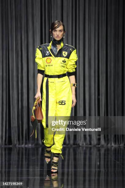 Model walks the runway of the Ferrari Fashion Show during the Milan Fashion Week Womenswear Spring/Summer 2023 on September 25, 2022 in Milan, Italy.