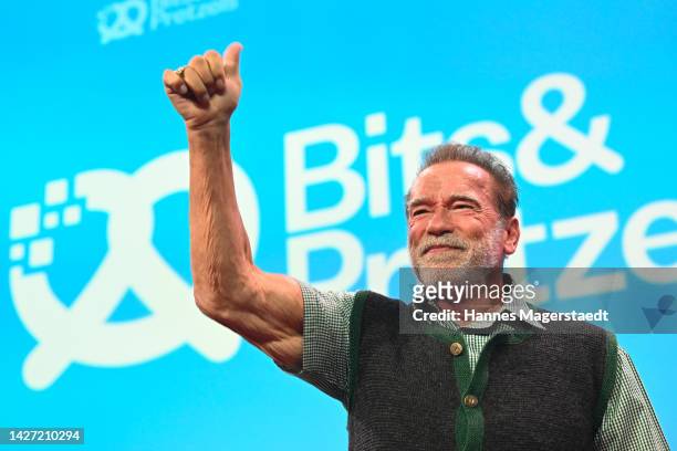 Arnold Schwarzenegger, actor and former governor of California, attends the Bits & Pretzels 2022 at ICM Munich on September 25, 2022 in Munich,...