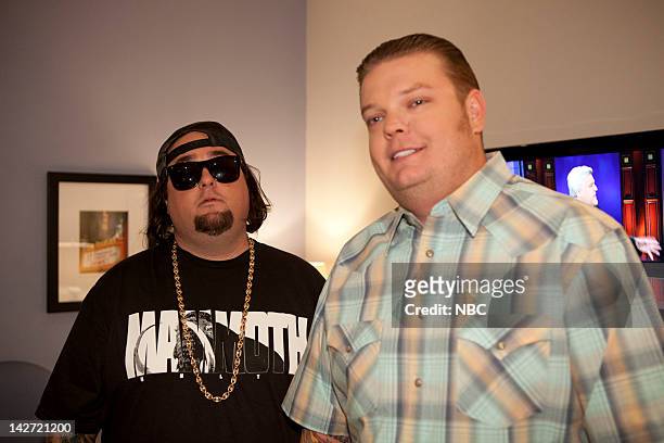 Episode 4234 -- Pictured: Pawn Stars Chumlee & Corey Harrison backstage on April 11, 2012 --
