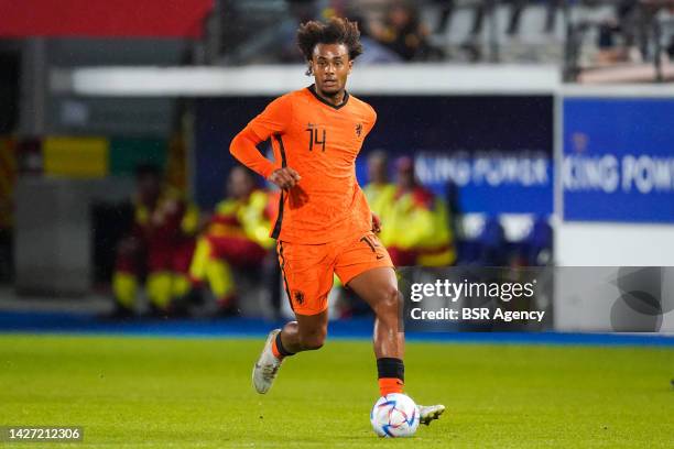 Joshua Zirkzee of Netherlands U21 runs with the ball during the Friendly Game match between Belgium U21 and Netherlands U21 at the King Power At Den...