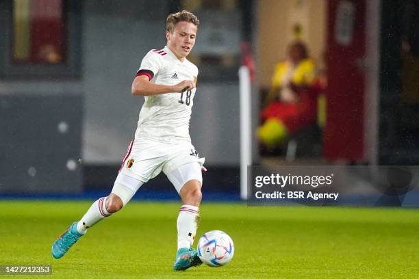 Matusse Samoise of Belgium U21 runs with the ball during the Friendly Game match between Belgium U21 and Netherlands U21 at the King Power At Den...