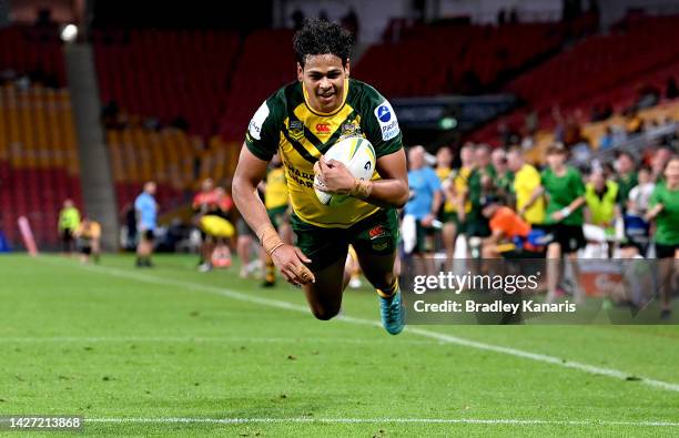 Selwyn Cobbo of Australia scores a try during the International match between Australian Men's PMs XIII and PNG Men's PMs XIII at Suncorp Stadium on...
