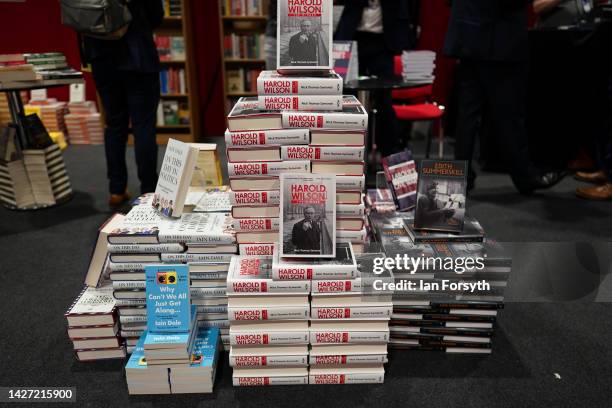 Political books are stacked in a trade stall during the Labour Party Annual Conference on September 25, 2022 in Liverpool, England The Labour Party...