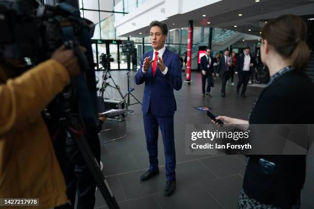 Ed Miliband, Shadow Secretary of State of Climate Change and Net Zero gives a media interview on the first day of the Labour Party Conference in...