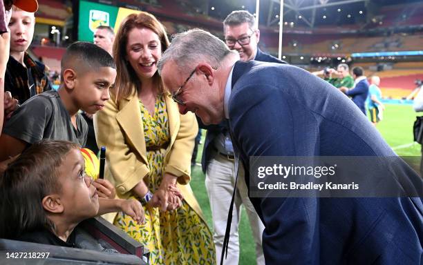 Australian Prime Minister Anthony Albanese chats with Quaden Bayles after the International match between Australian Men's PMs XIII and PNG Men's PMs...