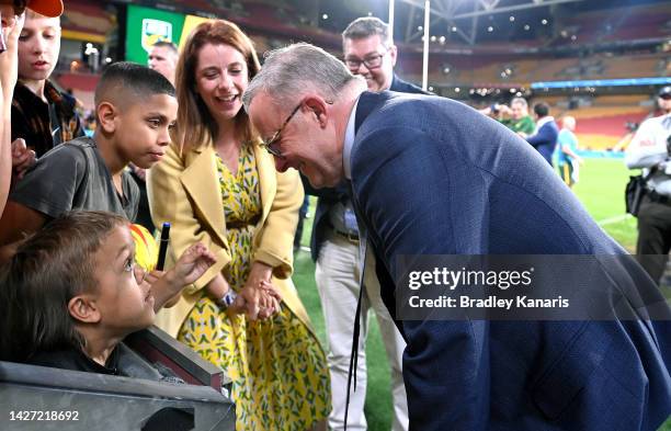 Australian Prime Minister Anthony Albanese chats with Quaden Bayles after the International match between Australian Men's PMs XIII and PNG Men's PMs...