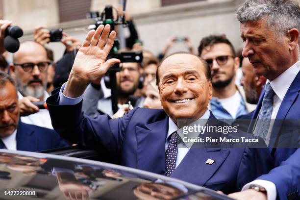 Silvio Berlusconi, leader of Italian right party Forza Italia leaves the polling station on September 25, 2022 in Milan, Italy. The snap election was...