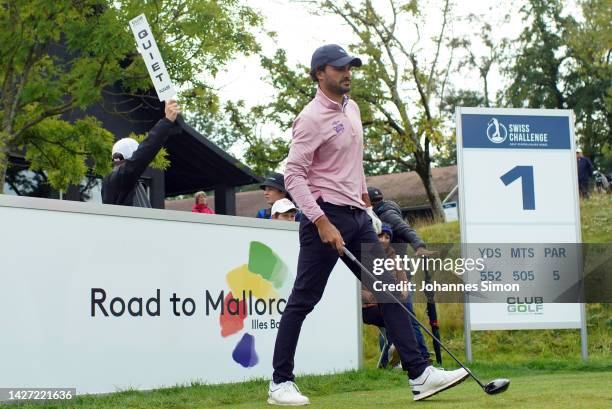 Clement Sordet of France tees off the first hole on Day Four of the Swiss Challenge 2022 at Golf Saint Apollinaire on September 25, 2022 in...