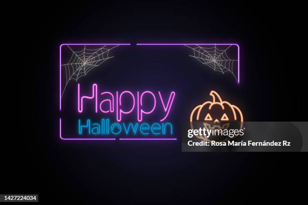 happy halloween message with reflection in neon lights  on dark background. - halloween font stock pictures, royalty-free photos & images