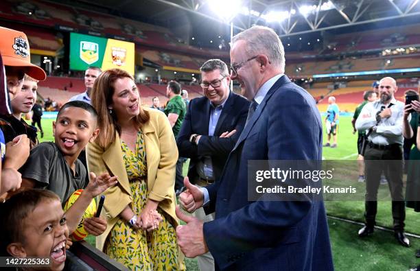 Australian Prime Minister Anthony Albanese chats with Quaden Bayles after the International match between Australian Men's PMs XIII and PNG Men's PMs...