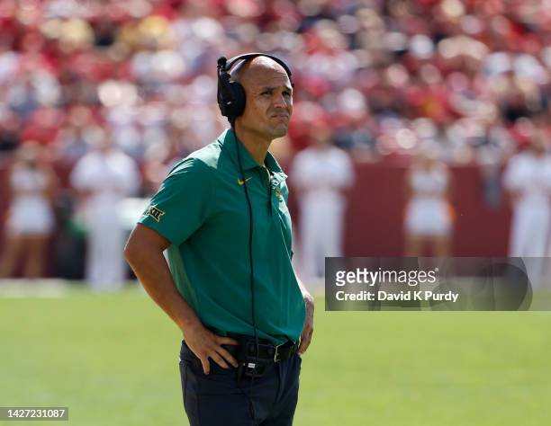Head coach Dave Aranda of the Baylor Bears coaches from the sidelines in the second half of play at Jack Trice Stadium on September 24, 2022 in Ames,...