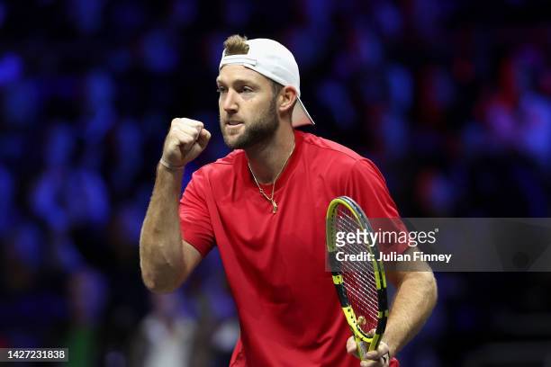 Jack Sock of Team World celebrates a point during the match between Matteo Berrettini and Andy Murray of Team Europe and Felix Auger-Aliassime and...