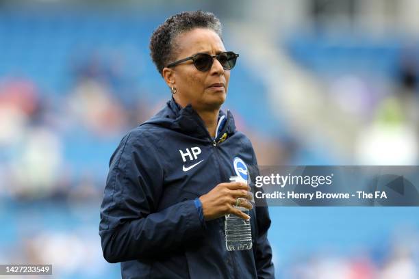 Hope Powell, Manager of Brighton & Hove Albion looks on prior to the FA Women's Super League match between Brighton & Hove Albion and Reading at Amex...