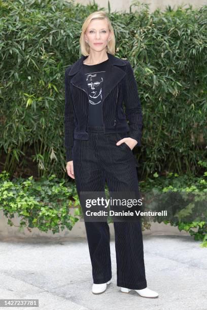 Cate Blanchett is seen at the Giorgio Armani Fashion Show during the Milan Fashion Week Womenswear Spring/Summer 2023 on September 25, 2022 in Milan,...