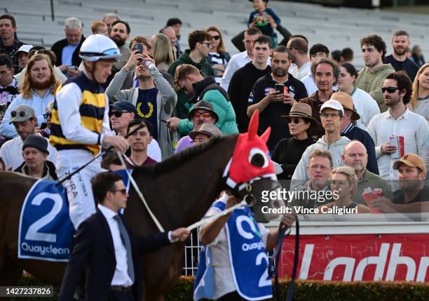 General view of crowds as Mark Zahra riding I'm Thunderstruck parades before Race 7, the Quayclean Underwood Stakes, during Melbourne Racing at...