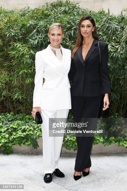 Michelle Hunziker and Belen Rodriguez is seen at the Giorgio Armani Fashion Show during the Milan Fashion Week Womenswear Spring/Summer 2023 on...