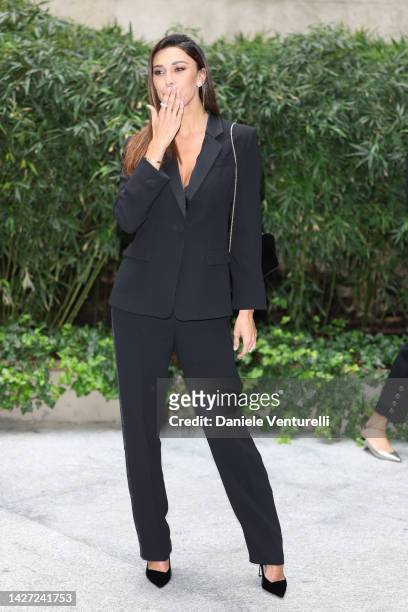 Belen Rodriguez is seen at the Giorgio Armani Fashion Show during the Milan Fashion Week Womenswear Spring/Summer 2023 on September 25, 2022 in...