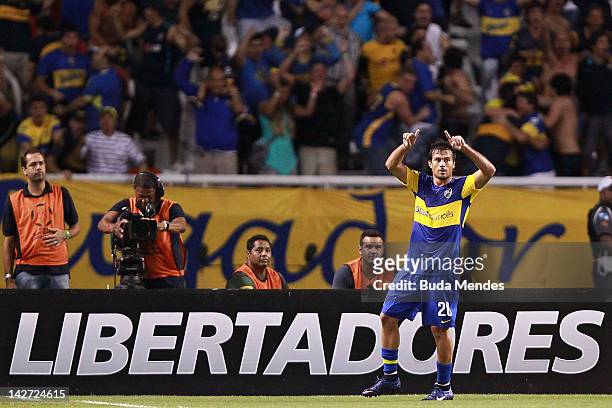 Dario Cvitanich of Boca Juniors celebrates a scored goal aganist Fluminense during a match between Fluminense and Boca Juniors as part of the Copa...