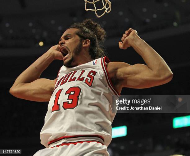 Joakim Noah of the Chicago Bulls yells after a dunk against the New Orleans Hornets at the United Center on February 28, 2012 in Chicago, Illinois....