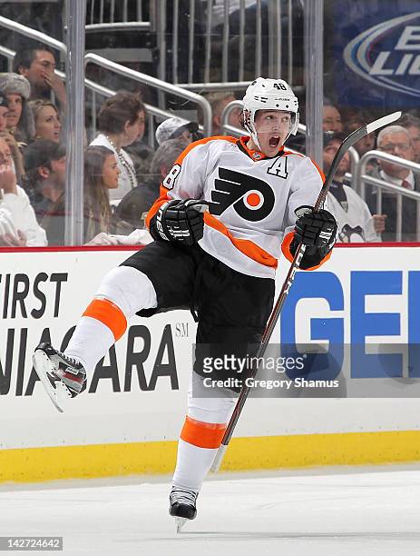 Danny Briere of the Philadelphia Flyers reacts after his third period goal against the Pittsburgh Penguins in Game One of the Eastern Conference...