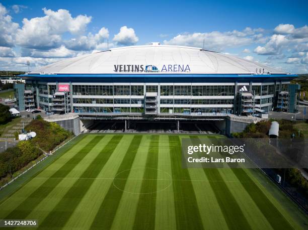 An aerial view of the Veltins-Arena on September 25, 2022 in Gelsenkirchen, Germany. The then so called Arena AufSchalke is one of the venues of the...