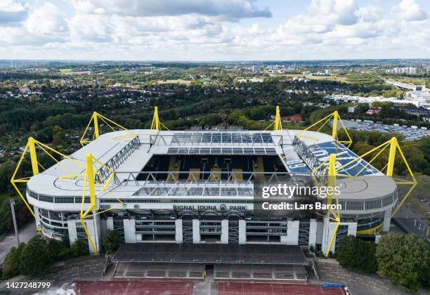 An aerial view of the Signal Iduna Park on September 25, 2022 in Dortmund, Germany. The then so called BVB Stadion Dortmund is one of the venues of...