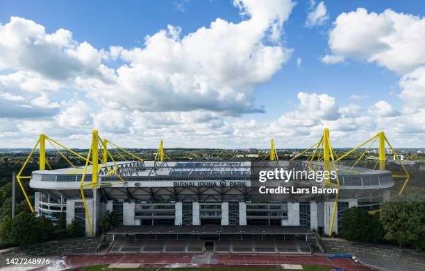 An aerial view of the Signal Iduna Park on September 25, 2022 in Dortmund, Germany. The then so called BVB Stadion Dortmund is one of the venues of...